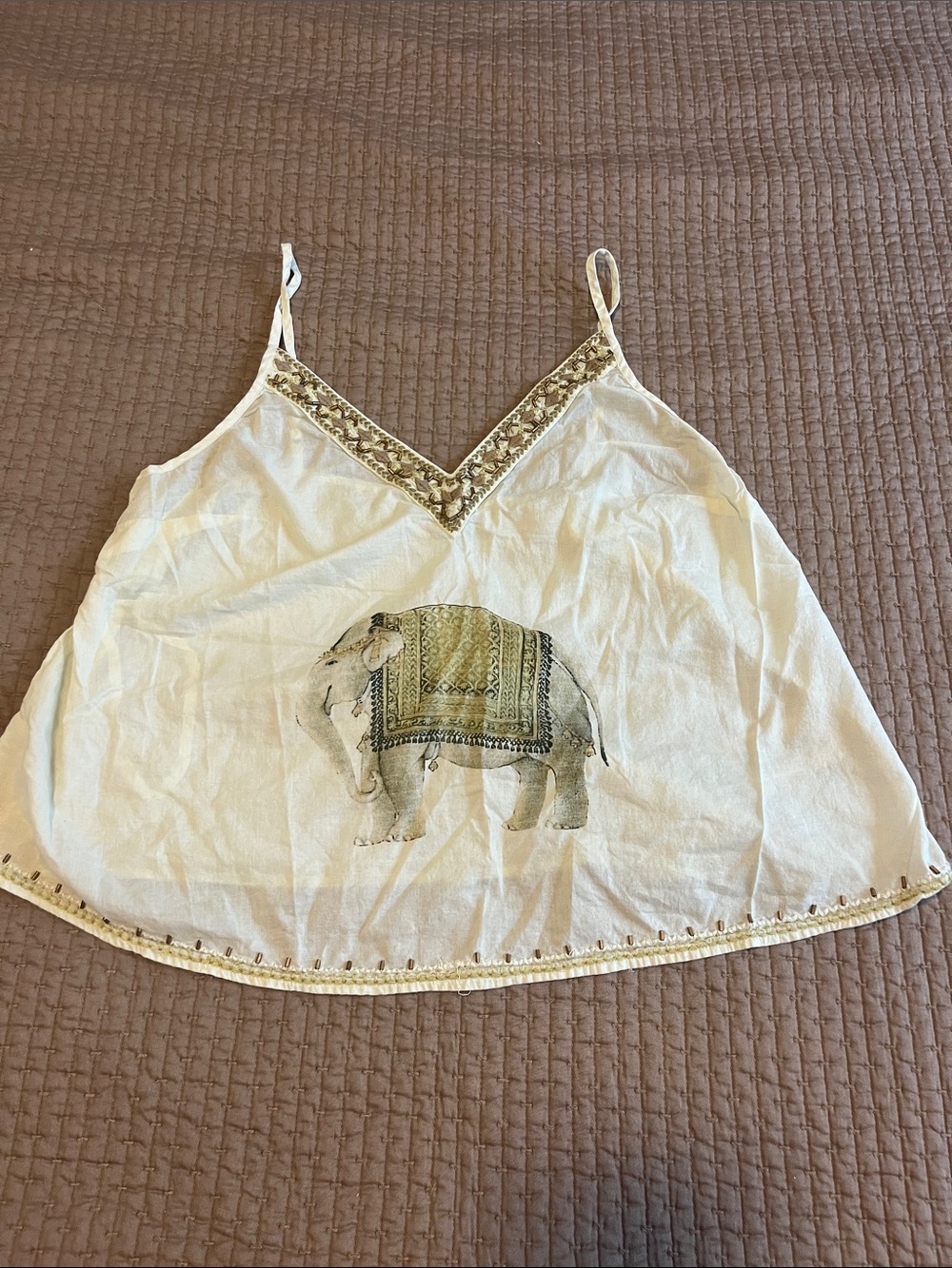 Leifsdottir Embroidered V-Neck Elephant Cami - Light Green with Gold Accents